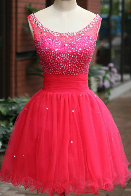 Homecoming Gown,Tulle Beaded Homecoming Dresses,Scoop Mini Fuchsia Homecoming Dress With Crystal