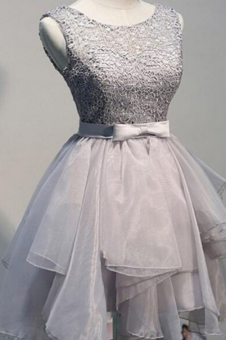 Grey Organza Unique Sleeveless Lace Homecoming Prom Dresses, Sf0077