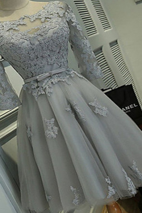 Grey Lace Simple Lovely Half Sleeve Elegant Homecoming Prom Gown Dresses, Sf0076