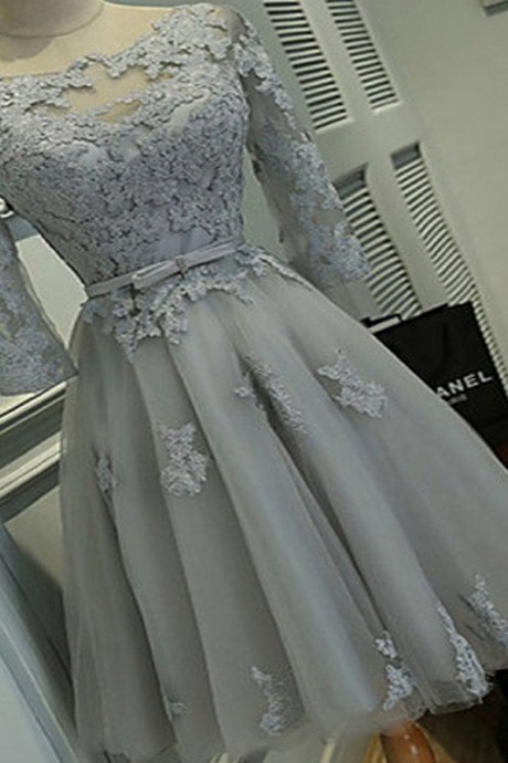 Grey organza unique sleeveless lace homecoming prom dresses, SF0077