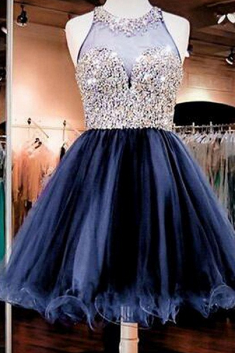 Gorgeous Navy Blue Rhinestone Beaded Organza Homecoming Dresses, SF0047