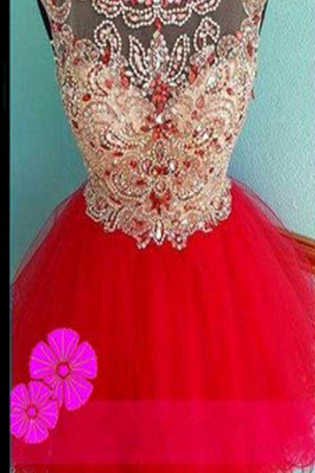 Luxury See Through Rhinestone Red Organza Homecoming Dresses, SF0055