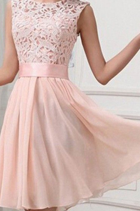 Light pink lace top chiffon homecoming prom dresses, SF0085