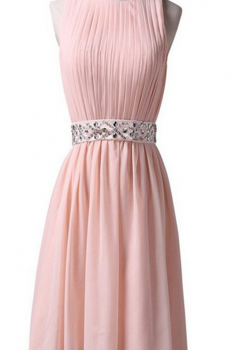 Light Pink Jewel Sleeveless Chiffon Lace Up Back Homecoming Dresses, Sf0084