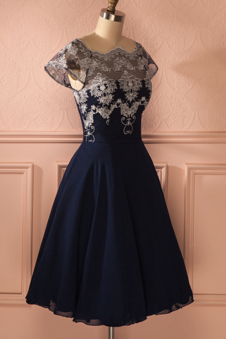 Navy Chiffon Homecoming Dresses, Lace Homecoming Dresses, Cap Sleeve Homecoming Dresses, Homecoming