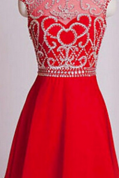 Red High Neck Homecoming Dress, Capped Sleeves Chiffon,hollow Back Homecoming Dress,homecoming