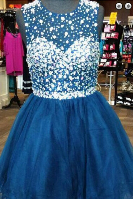 Beaded Scoop A-line Homecoming Dress, Backless Short Homecoming Dresses,blue Homecoming Dress