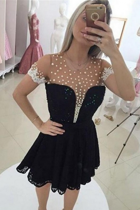 Black Short Sleeves A-line Beaded Elegant Homecoming Dresses K428