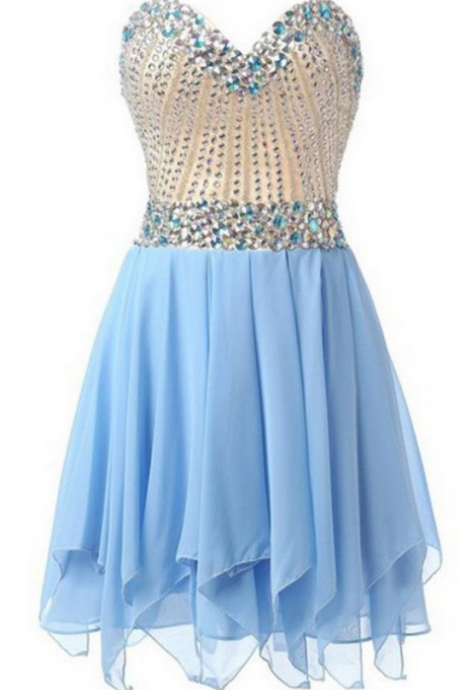Pretty Light Blue Short Handmade Chiffon Beading Cute Homecoming Dresses K299