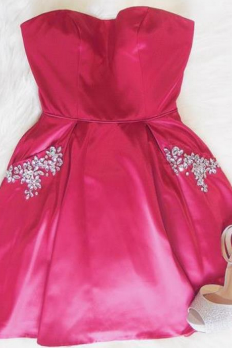Custom Made Pink Strapless Sweetheart Neckline Short Satin Bridesmaid Dress With Crystal Beaded Pockets