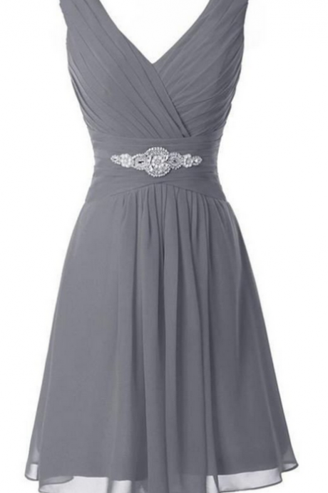 V-neck Simple Grey Chiffon Beading Comfy Homecoming Dresses K411