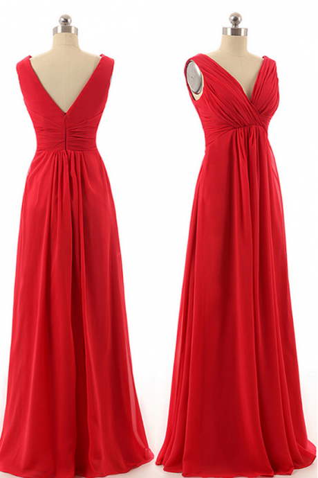 Beautiful Long Bridesmaid Dresses, Red Chiffon Bridesmaid Gown With Ruching Detail, Empire V-neck Bridesmaid Dresses,