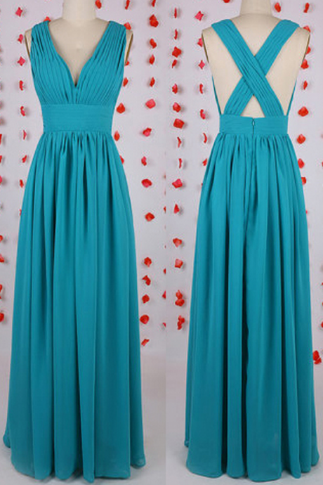 Wholesale Plunging V-neck Bridesmaid Dress, Blue Chiffon Bridesmaid Dress With Crisscross Back, A-line Bridesmaid