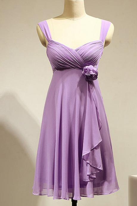 Empire Lavender Bridesmaid Dress With A Hand-made Flower, Short Chiffon Bridesmaid Dress, Fashion Bridesmaid
