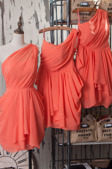 Short Watermelon Bridesmaid Dresses, Asymmetric Column Chiffon Bridesmaid Dresses, Modern, One-shoulder