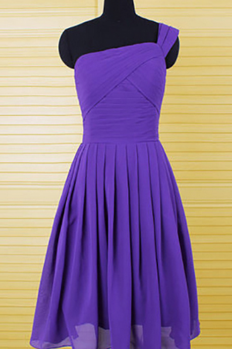 Casual One Shoulder Bridesmaid Dresses, Purple Chiffon Bridesmaid Dresses With Ruched Bust, Knee-length