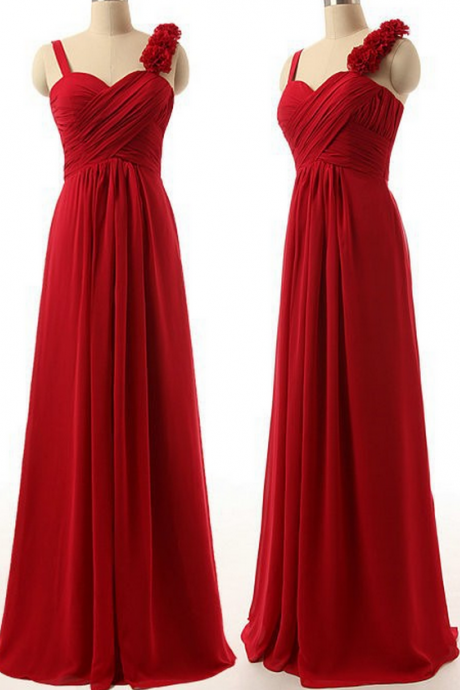 A-line Red Bridesmaid Dresses With Handmade Flowers, Wholesale Long Bridesmaid Gowns, Sweetheart Chiffon