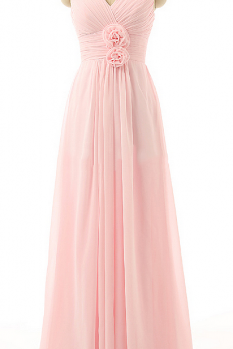 V-neck Chiffon Bridesmaid Dresses With Hand-made Flowers, Pink Bridesmaid Dress, Floor-length