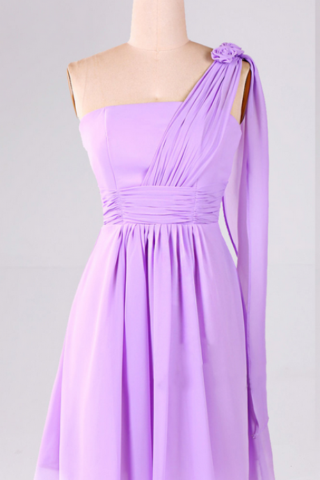 Affordable Lilac Bridesmaid Dresses, One Shoulder Chiffon Bridesmaid Gown With Ruching Detail, Short Asymmetric