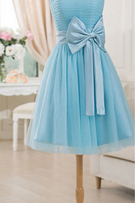 Gorgeous Strapless Short Bridesmaid Dresses, Light Blue Bridesmaid Gown With A Feminine Bow, Mini Bridesmaid