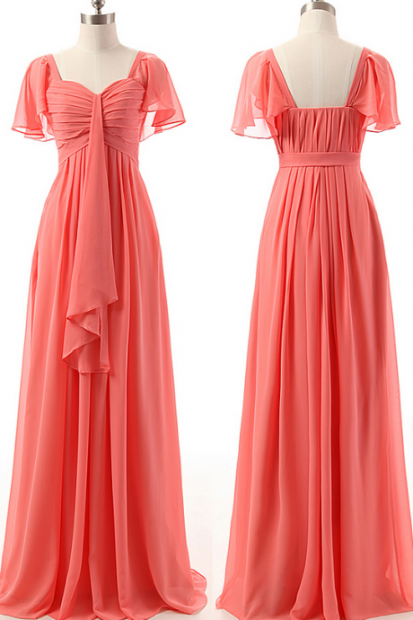 A-line Bridesmaid Dresses with Ruffles, Sweetheart Watermelon Bridesmaid Gowns, Chiffon Short Sleeve Bridesmaid Dress,