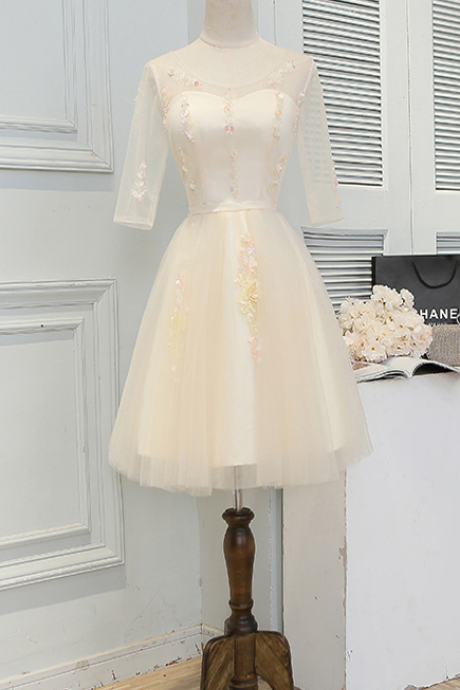 Short Bridesmaid Dress, Tulle Bridesmaid Dress, Applique Bridesmaid Dress, Lace Bridesmaid Dress,