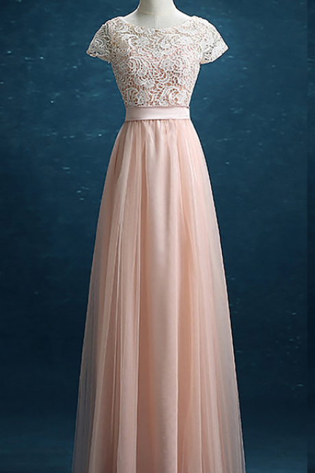 Elegant Short Sleeve Bridesmaid Dress, Floor-length Lace Bridesmaid Gowns, Hot Pink Tulle Bridesmaid Dress