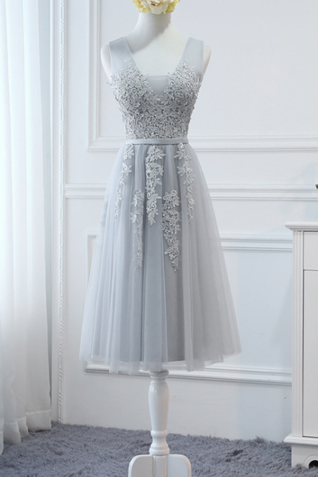 Short Tea-Length Bridesmaid Dress, Tulle Bridesmaid Dress, V Back Bridesmaid Dress, Lace Bridesmaid dress, Wedding 