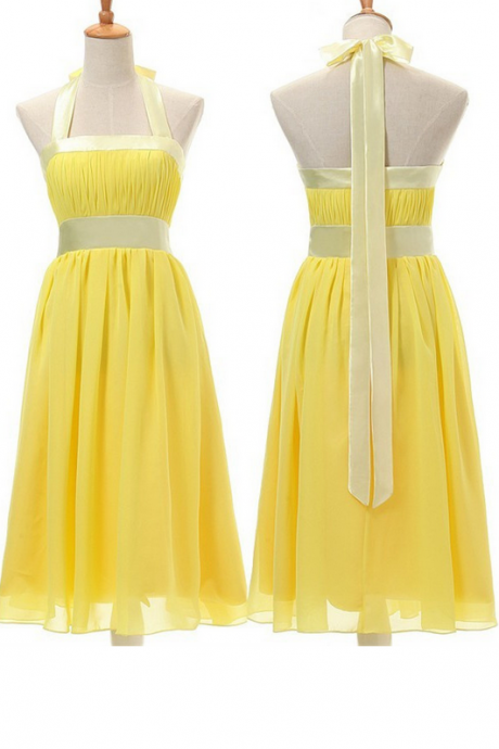 Yellow Bridesmaid Dress,Yellow Prom Dress,Sexy A-Line Bridesmaid Dress,Halter Knee Length Bridesmaid Dress with Sash,Knee Length Prom Dresses