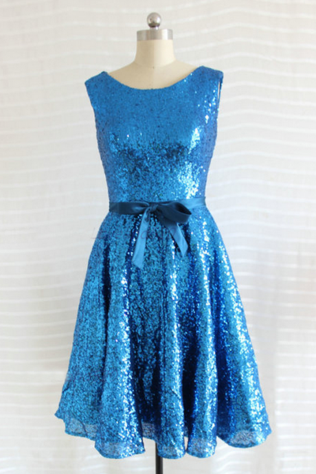Sequin bridesmaid dress, knee-length bridesmaid dress, blue bridesmaid dress,