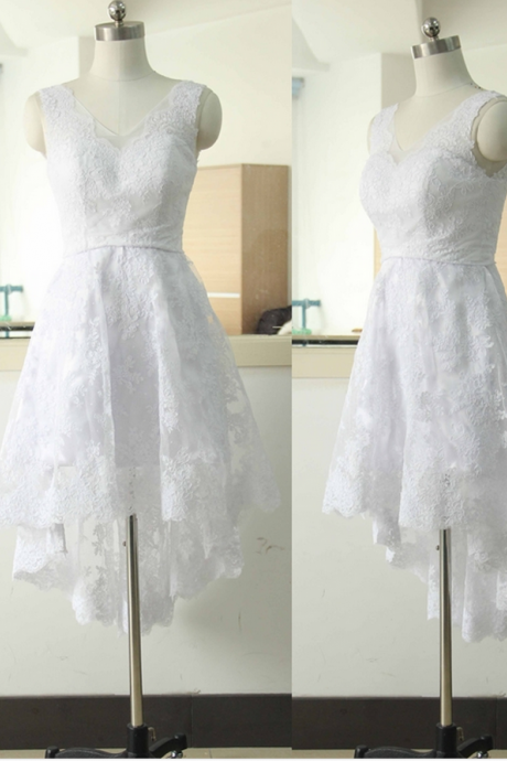 Short V-neck Lace Wedding dress High-lower Lace Bridal Wedding dress Floor Length Wedding Gowns Custom