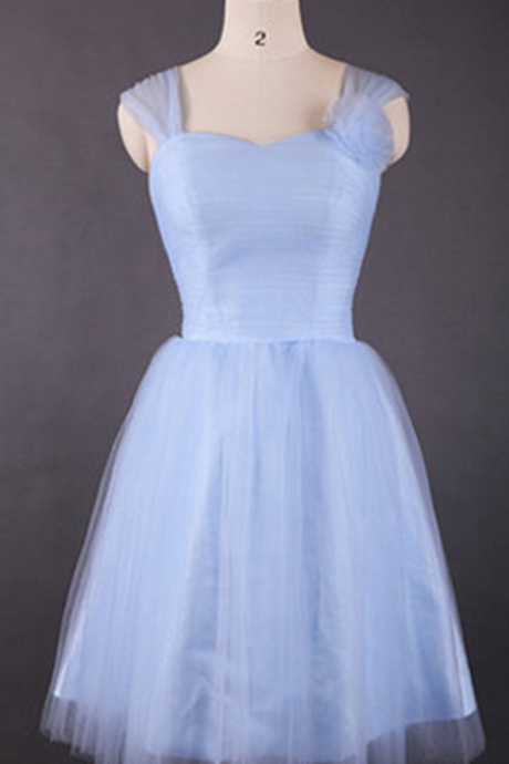 Vintage Light Sky Blue Bridesmaid Dresses, Sweetheart Bridesmaid Dress with Tulle Straps and Flowers, Retro Knee-length Bridesmaid Dresses