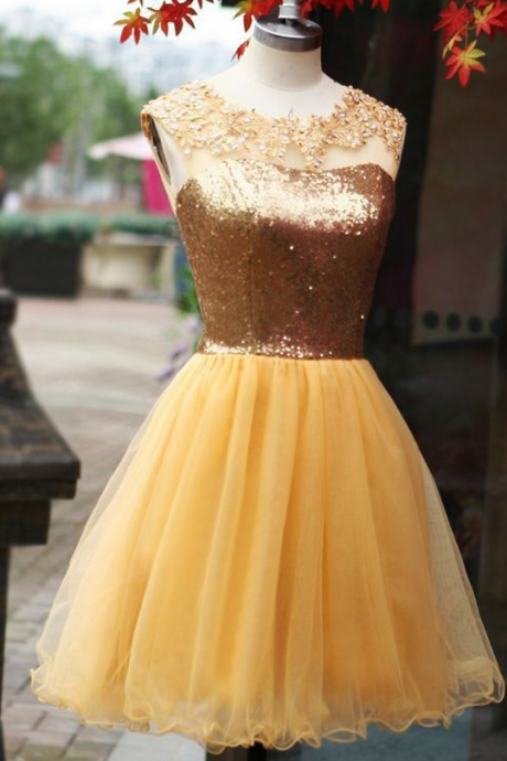 Custom Made Gold Sequin And Floral Applique Tulle Short Homecoming Dress