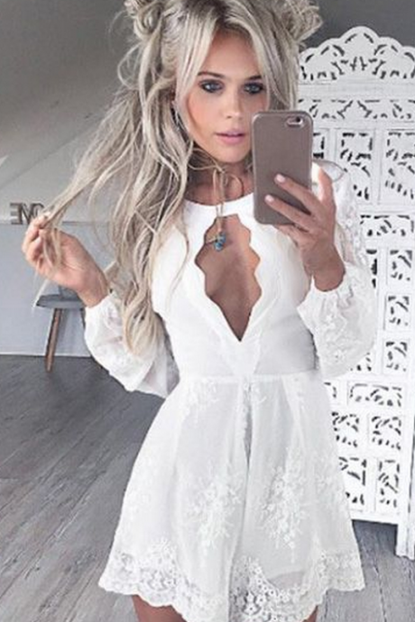 White Lace Long Sleeve Sexy Homecoming Dress