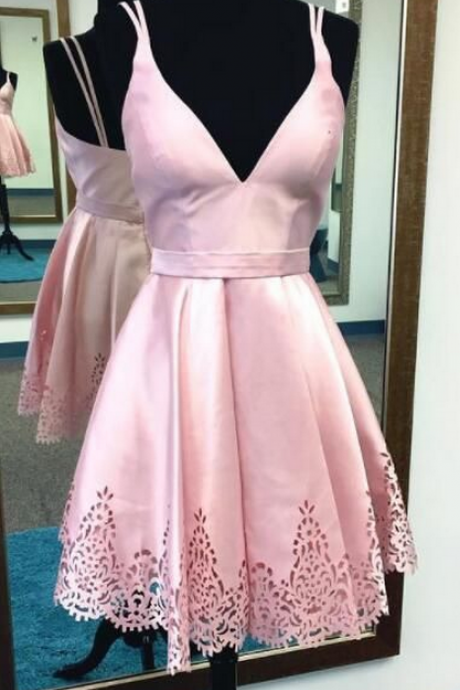 A-line Homecoming Dresses,lace Homecoming Dresses,spaghetti Straps Homecoming Dresses,pink Homecoming Dresses,