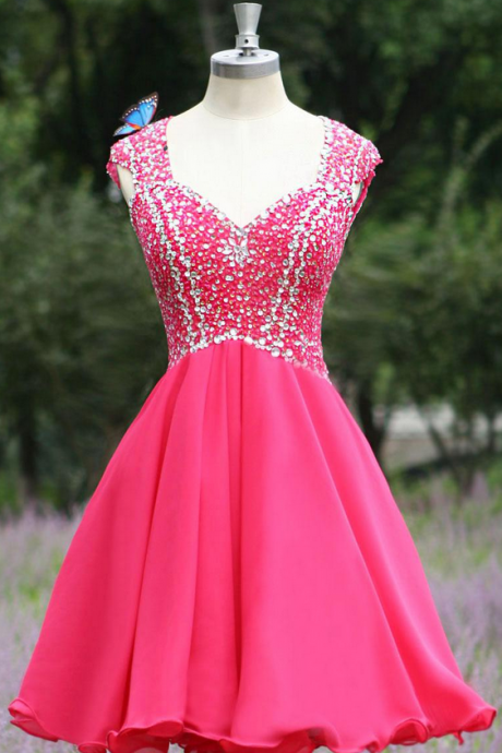 Beaded Embellished Diamond Neckline Short Chiffon Homecoming Dress Featuring Open Back and Curly Hem