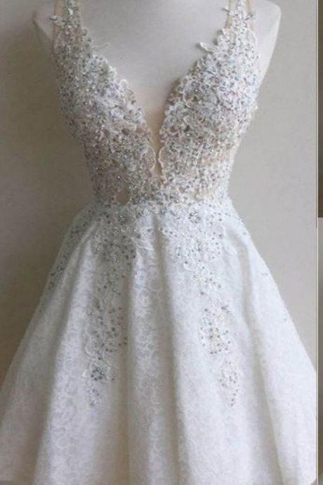 Popular White Lace Gorgeous V-neck See Through Homecoming Dresses,