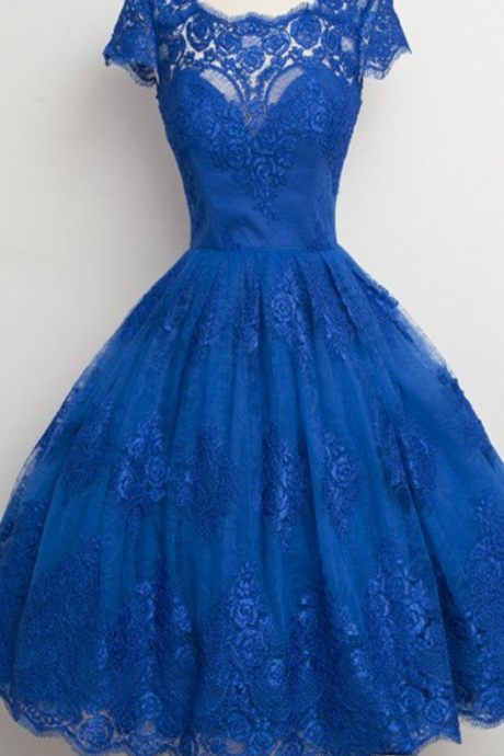 Princess Scalloped Neck Homecoming Dresses, Classic Blue Lace Knee-length Homecoming Dresses, Lace Homecoming Dresses