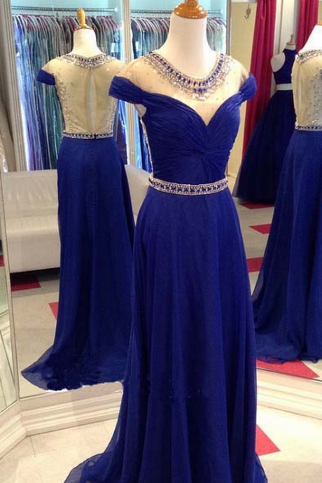 Royal Blue Sheer Beaded Ruched Chiffon A-line Long Prom Dress, Evening Dress Featuring Keyhole Sheer Back