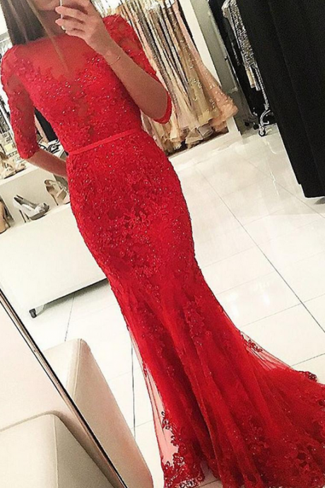 Lace Evening Dresses,sexy Red Backless Half Sleeved Long Evening Dresses