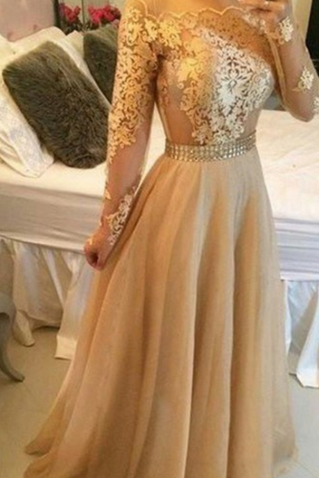 Appliques Gold Prom Dresses, Floor-Length Prom Dresses, Real Made Evening Dresses