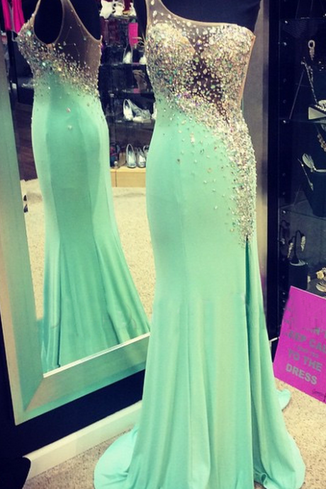 Prom Dress,one Shoulder Prom Dress With See Through Back ,elegant Floor Length Prom Dress ,sexy Mint Evening
