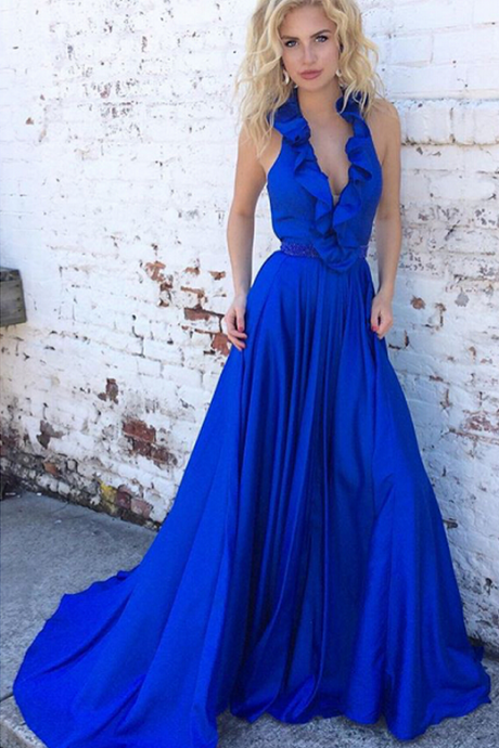 Royal Blue Sleeveless Plunging V A-line Long Prom Dress, Evening Dress Featuring Ruffle Detail