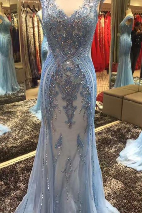 Blue Sheer V-Neck Beaded Mermaid Long Prom Dress, Evening Dress
