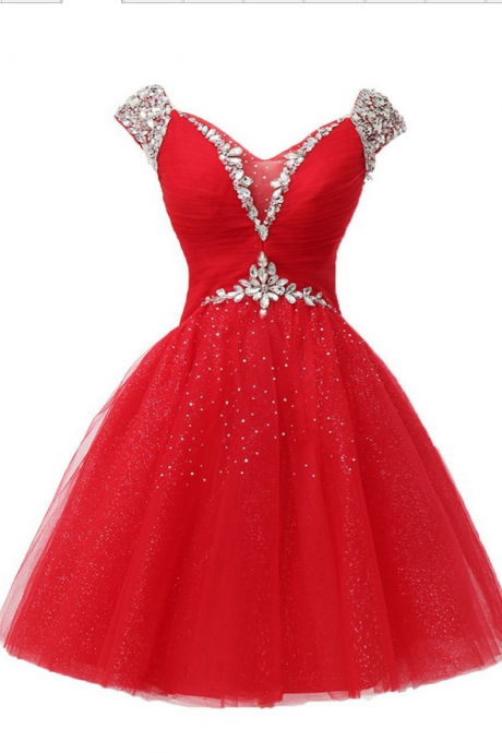 Red Graduation Cocktail Dresses Rhinestone Short Evening Dresses V Neck Crystal Tulle Mini Prom Dresses