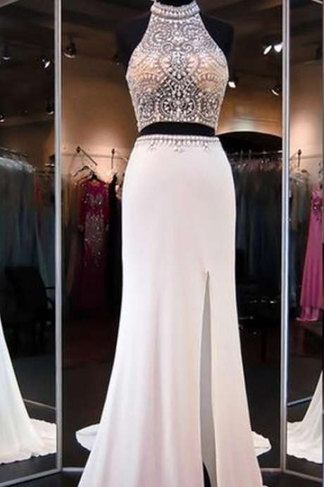 Two Pieces Beading Prom Dresses, Floor-length Evening Dresses, Real Made Charming Evening Dresses