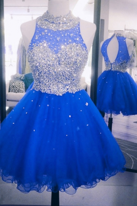 Blue Beaded One Shoulder Mini Prom Dresses Short Evening Dresses