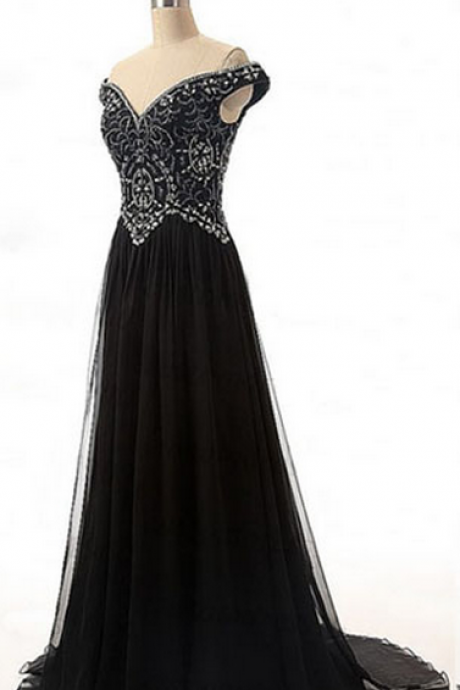 Black Evening Dress,Off the Shoulder Beaded Evening Dresses,Formal Evening Gown