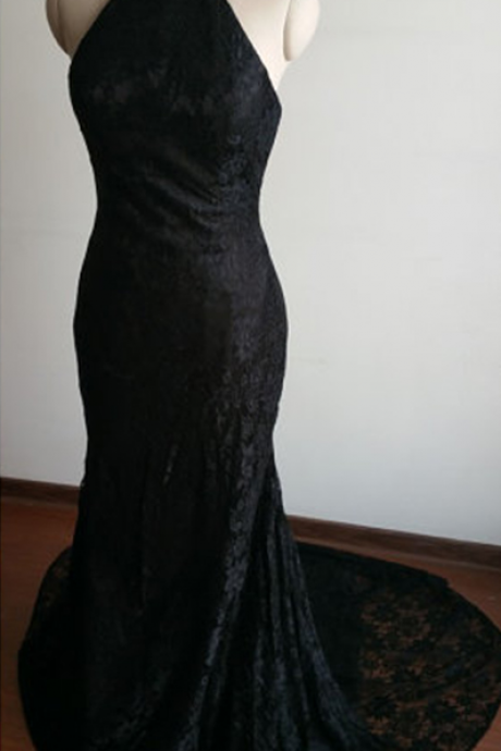 Lace Prom Dresses,black Prom Dresses,halter Mermaid Evening Dresses, Evening Dresses