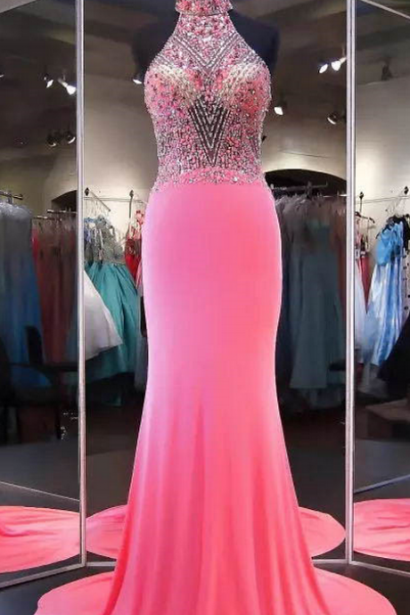 Pink Halter Beaded Chiffon Mermaid Long Prom Dress, Evening Dress